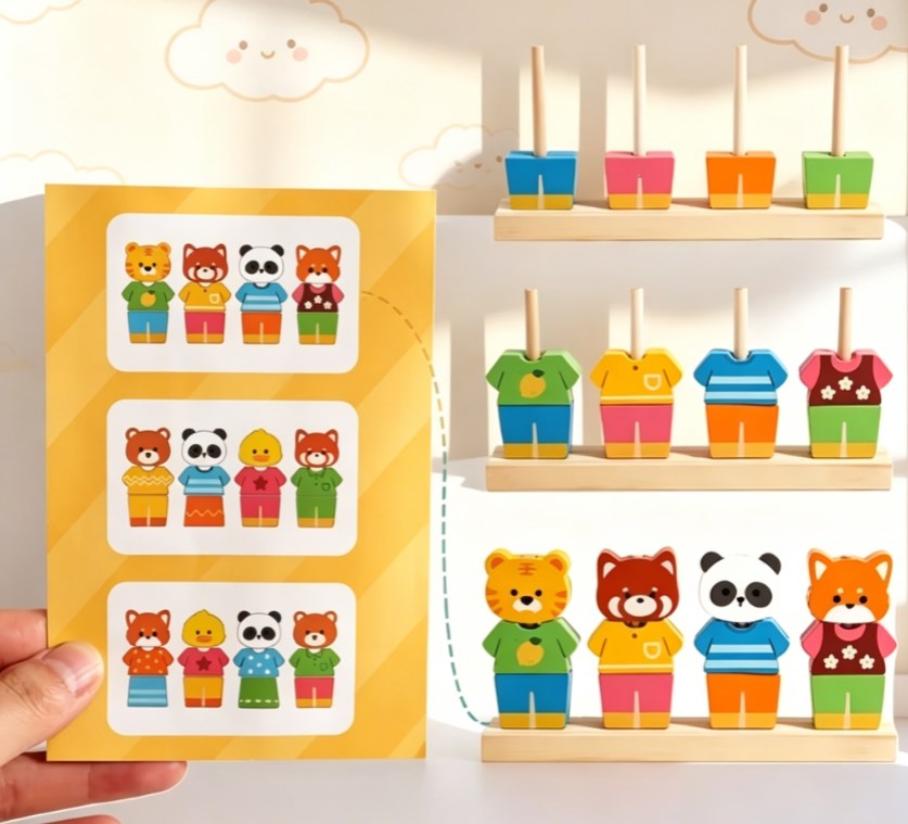 Kids’ Wooden Animal Dress-Up Column Set – Montessori Color & Shape Recognition Learning Toy