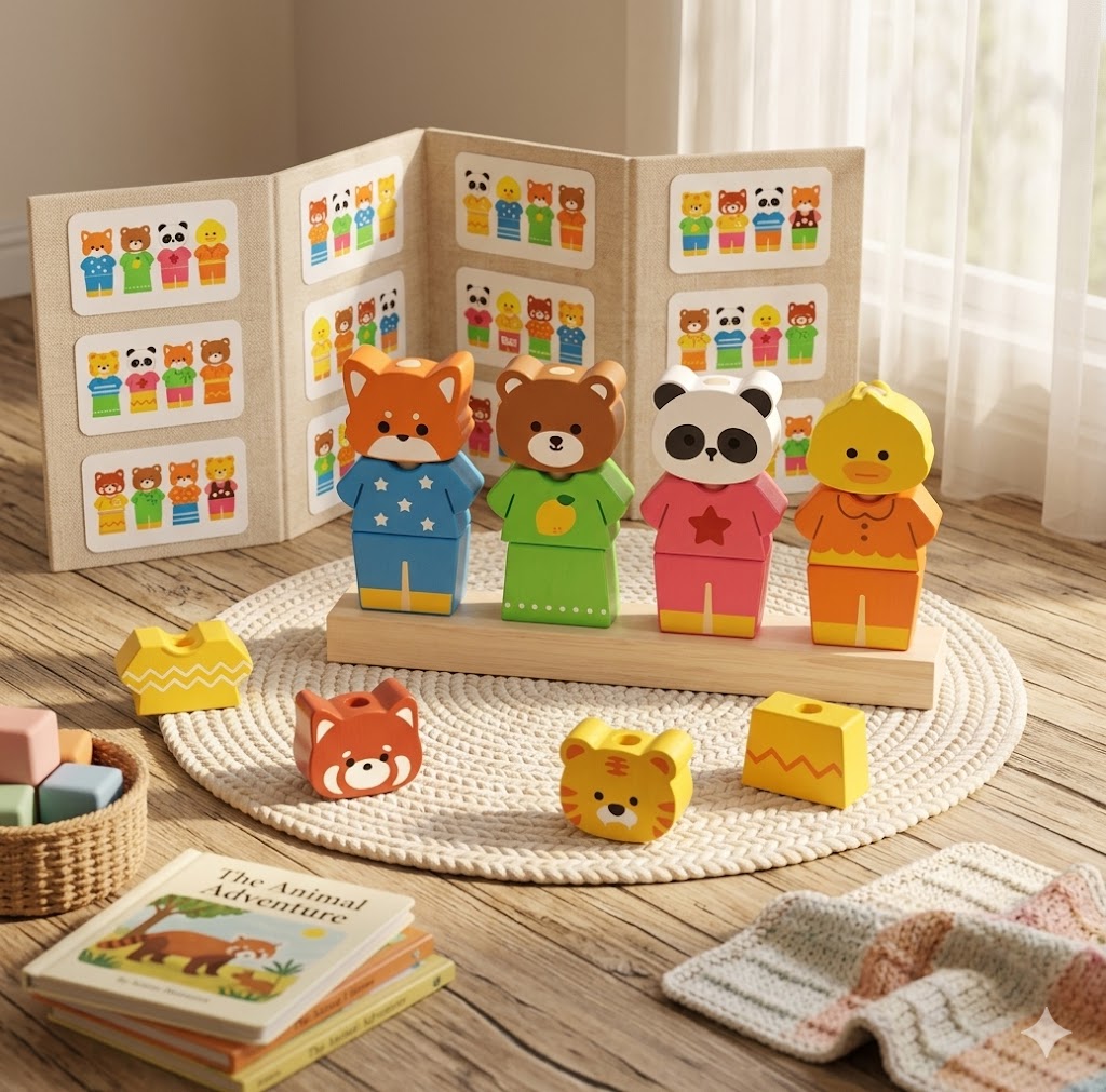 Kids’ Wooden Animal Dress-Up Column Set – Montessori Color & Shape Recognition Learning Toy