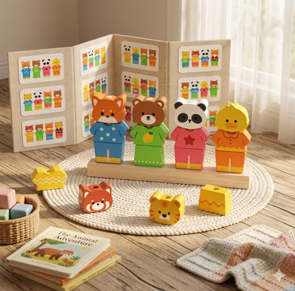 Kids’ Wooden Animal Dress-Up Column Set – Montessori Color & Shape Recognition Learning Toy
