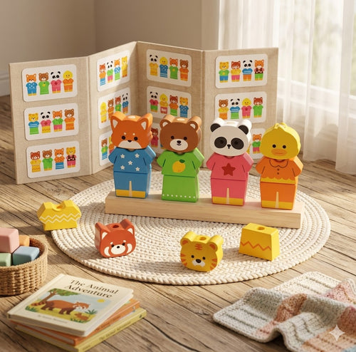 Kids’ Wooden Animal Dress-Up Column Set – Montessori Color & Shape Recognition Learning Toy