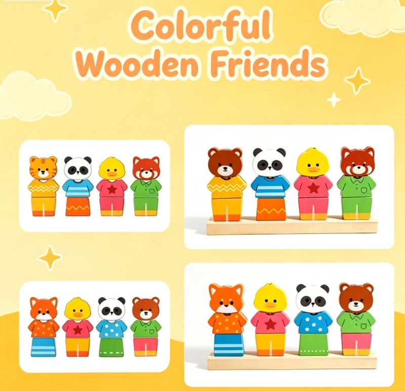 Kids’ Wooden Animal Dress-Up Column Set – Montessori Color & Shape Recognition Learning Toy