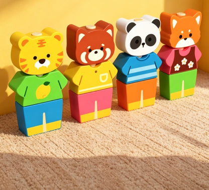 Kids’ Wooden Animal Dress-Up Column Set – Montessori Color & Shape Recognition Learning Toy