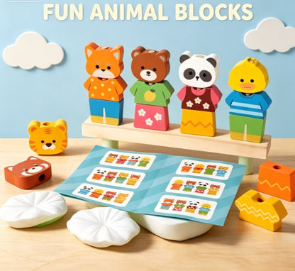 Kids’ Wooden Animal Dress-Up Column Set – Montessori Color & Shape Recognition Learning Toy