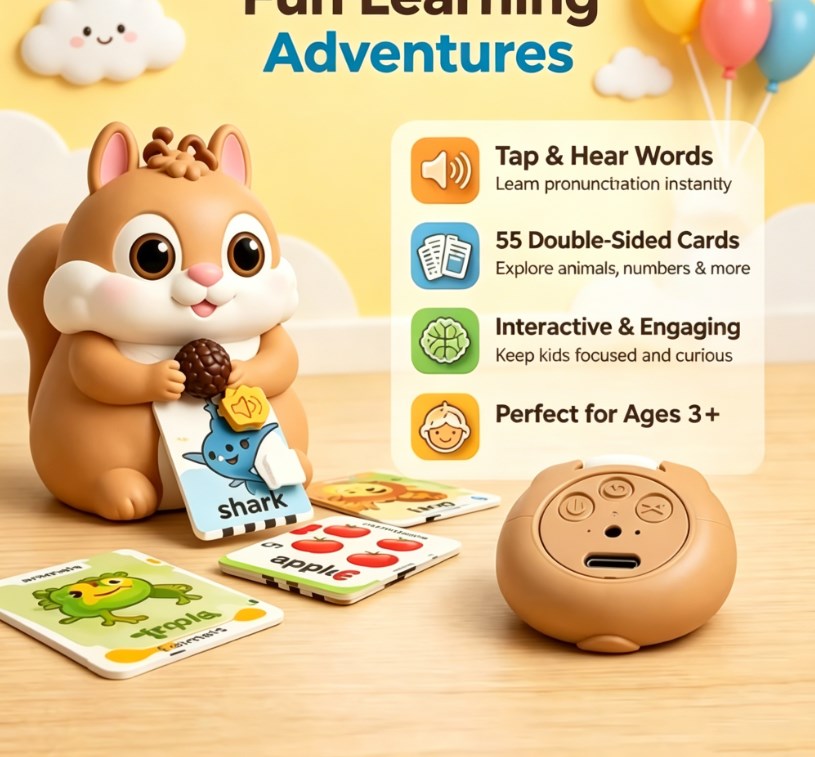 Squirrel-Shaped Literacy Scanner Toy – Interactive Speech & Vocabulary Builder with Recording Function